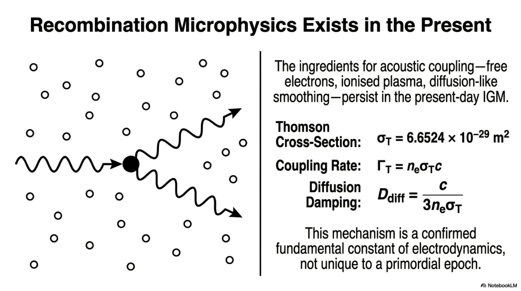 Recombination microphysics operates in the present. Thomson scattering (σ_T = 6.6524 × 10⁻²⁹ m²) and diffusion-like damping (D<sub>diff</sub> = c / (3 n<sub>e</sub> σ_T)) persist in today’s ionised intergalactic medium, falsifying uniqueness to a primordial epoch.