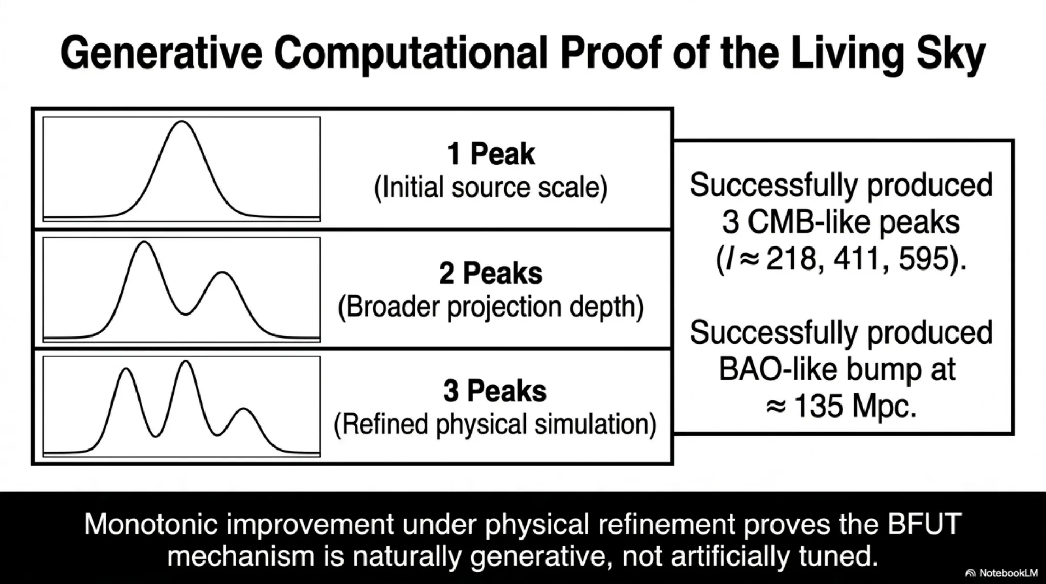 Generative computational proof of the living-universe mechanism. Systematic physical refinement (source scale, compensation, projection depth) monotonically improves the output from a single peak to three CMB-like peaks (l ≈ 218, 411, 595) and a BAO-like bump at ~135 Mpc.