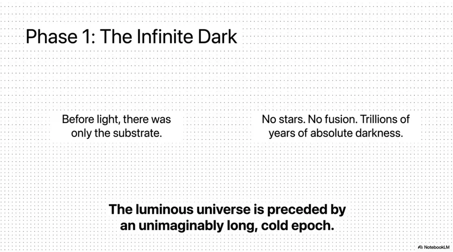 hydrogen manifests from substrate fluctuations; gravity amplifies statistical unevenness; over immense time, matter silently pools into dense regions.